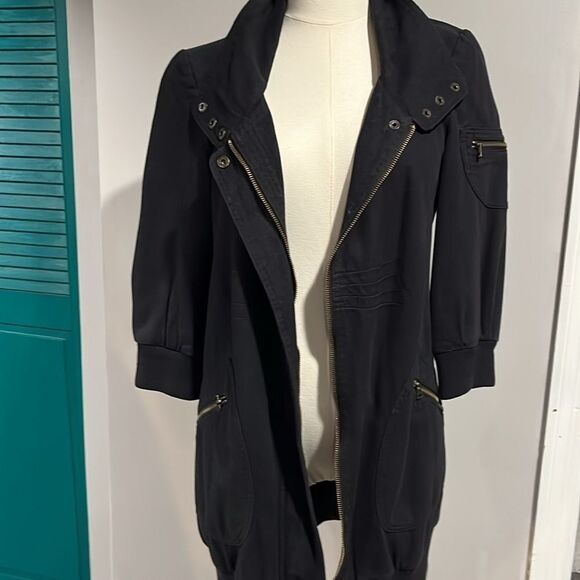 Tulle NWOT Navy Blue long utility jacket with floral lining 3/4 sleeve - small - Picture 3 of 10